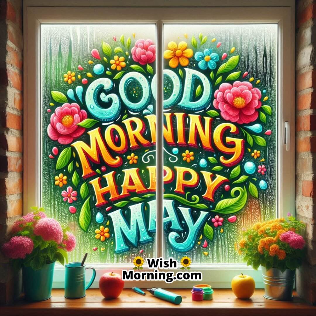 Good Morning Happy May Painted Window Scene