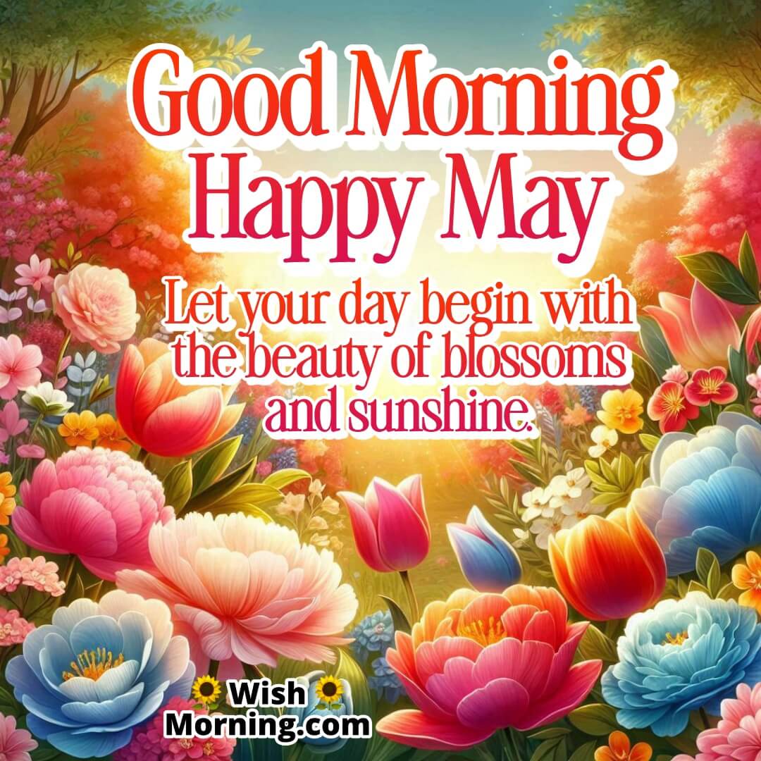Good Morning Happy May featuring sunrise over a colorful flower garden, symbolizing a bright, joyful start to the month.
