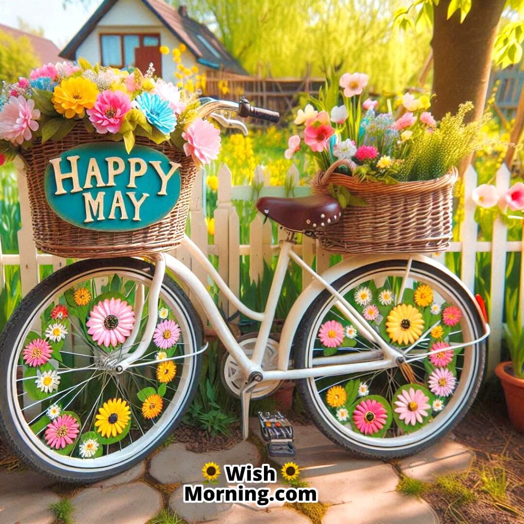 Whimsical floral bike scene expressing the joyful spirit of May.