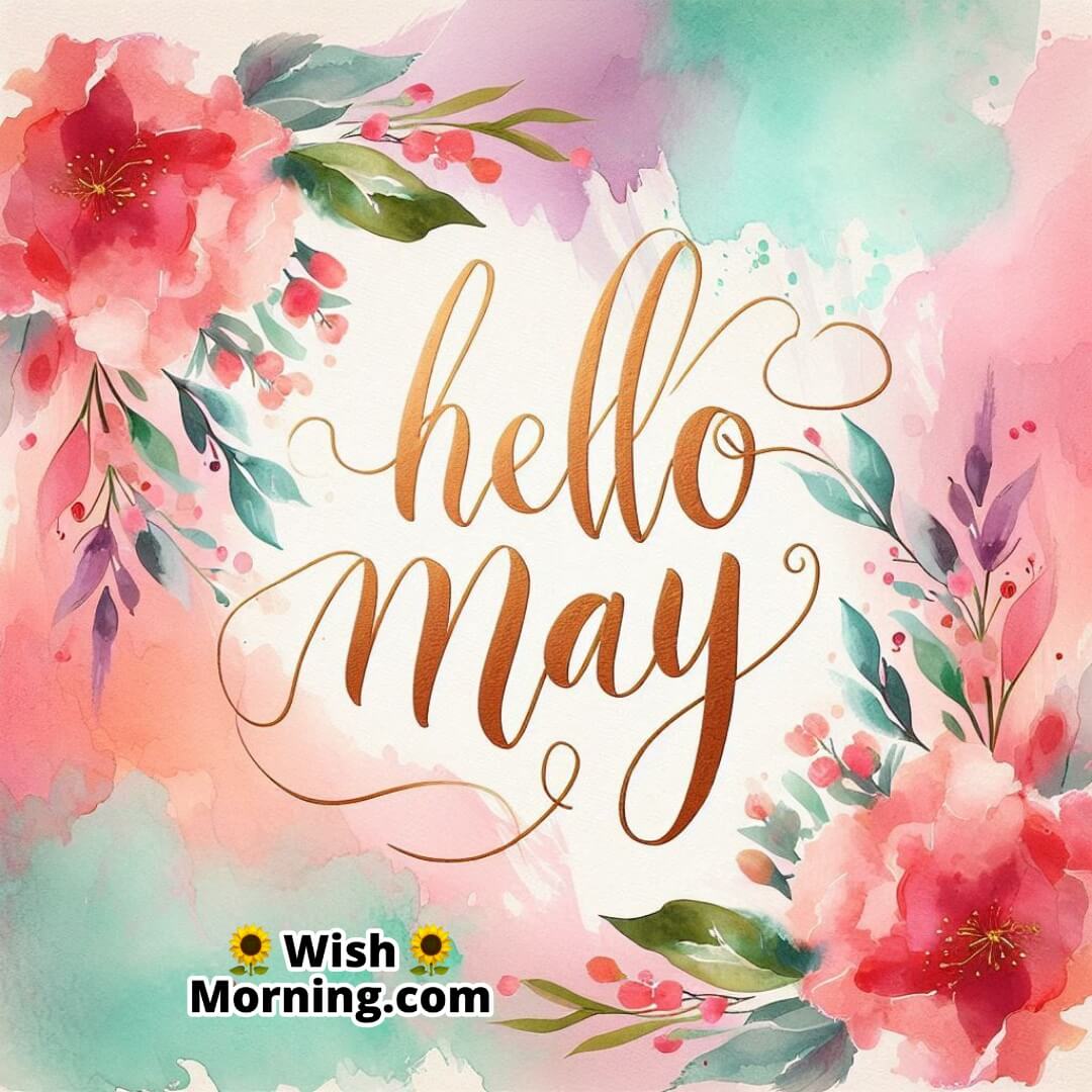 Artistic watercolor backdrop with graceful Hello May text.