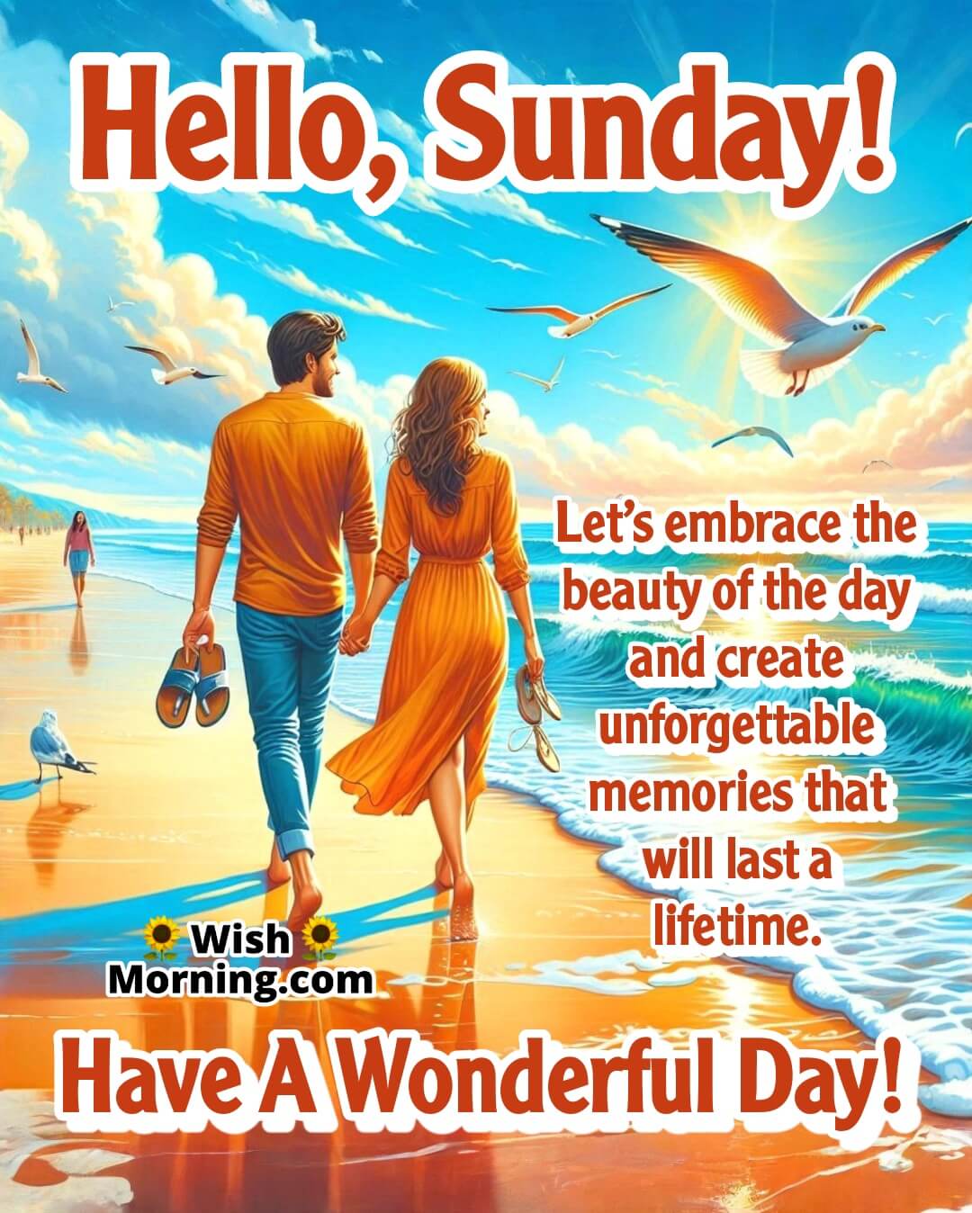 A happy couple walking along a sunny beach, symbolizing beautiful Sunday moments and lasting memories.