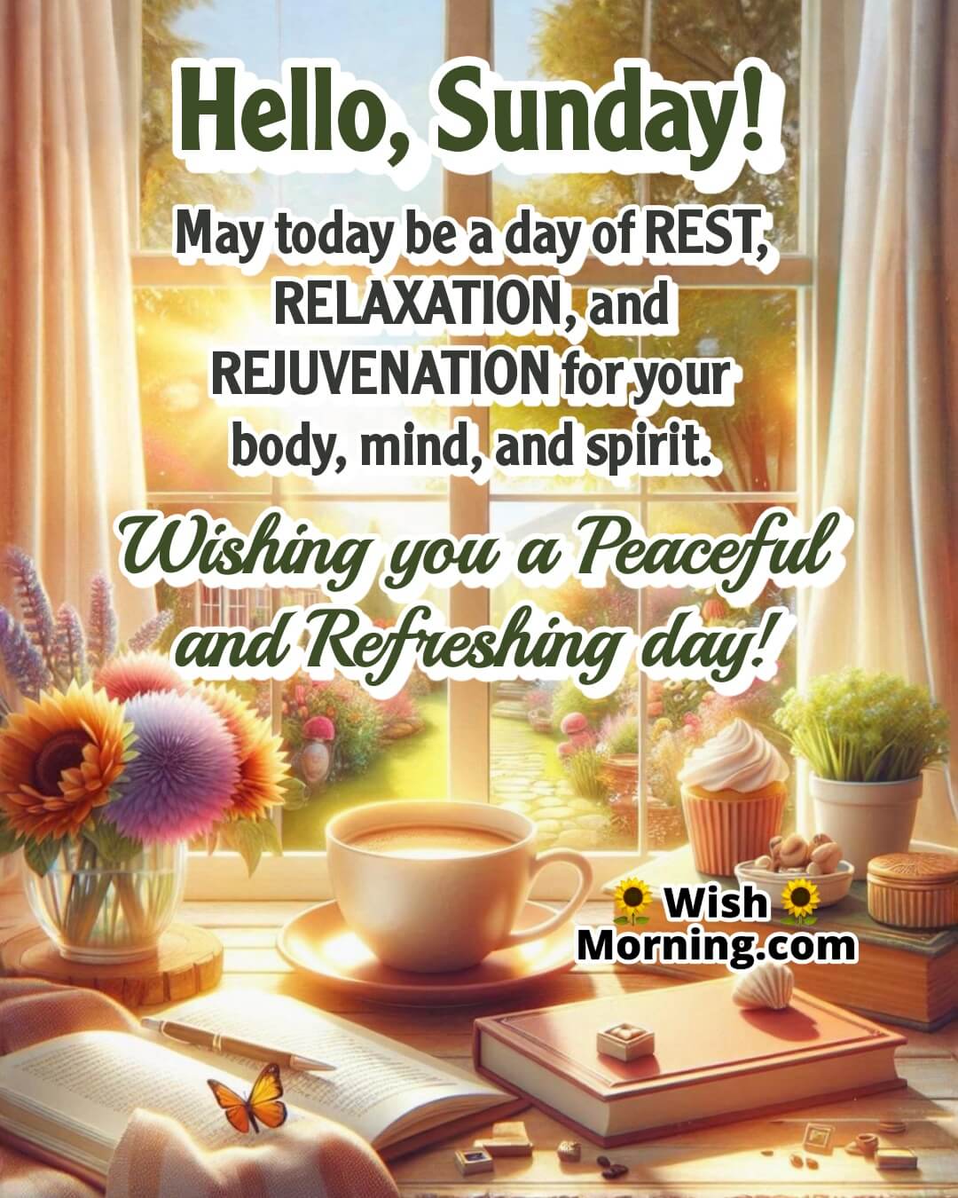 A calm Sunday morning with warm sunlight, coffee, and peaceful garden vibes reflecting relaxation and serenity.