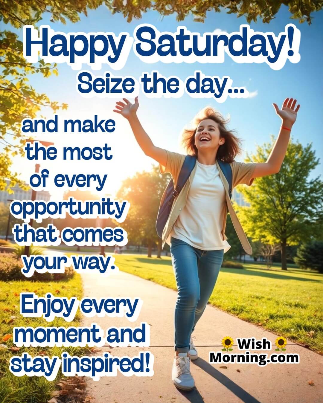 Happy Saturday image with a bright park walk, symbolizing inspiration, energy, and new opportunities.