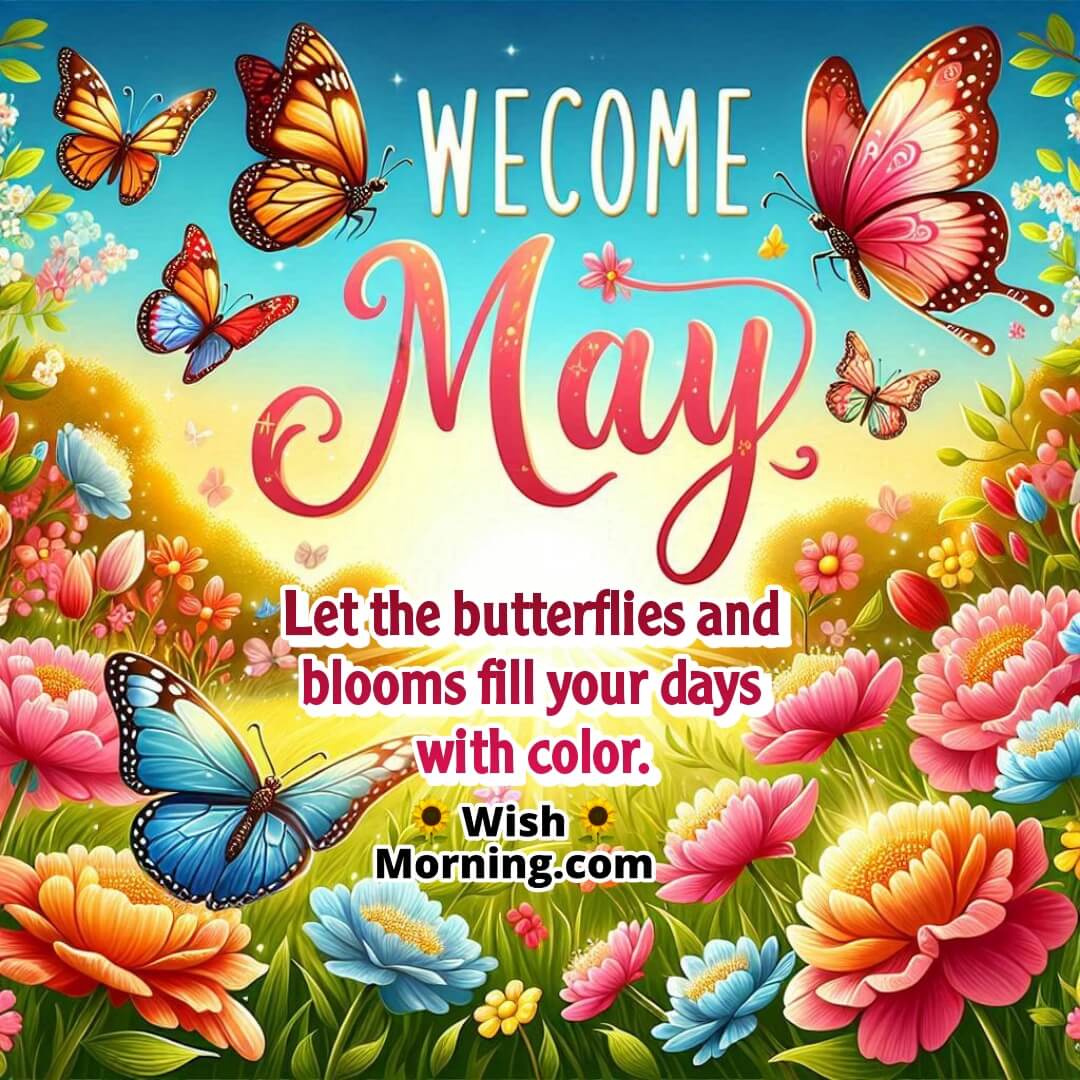 Welcome May featuring butterflies in a colorful garden, symbolizing joy, transformation, and vibrant new beginnings.