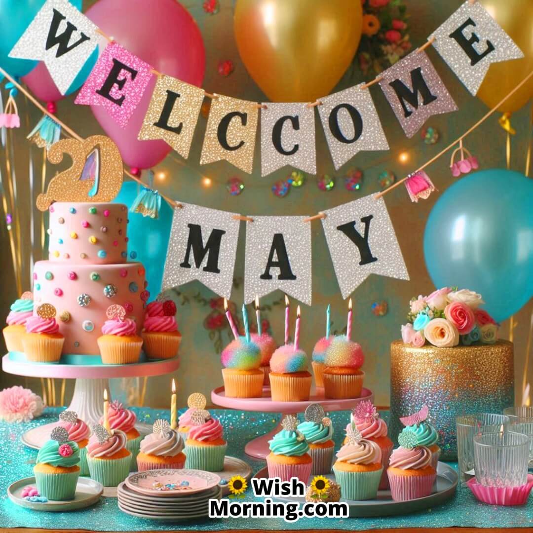 Colorful party setup featuring a glittery Welcome May banner.