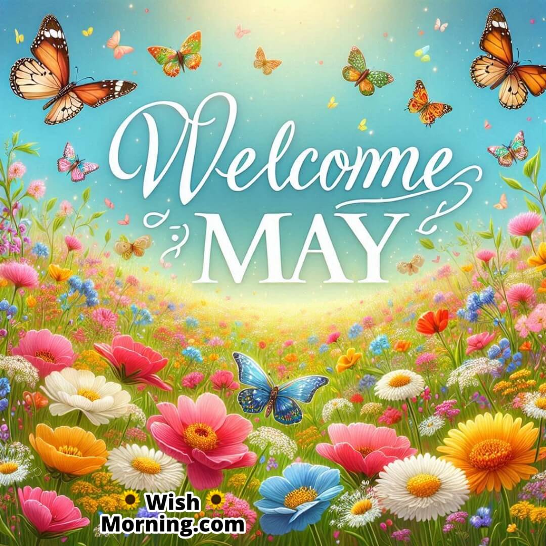 Joyful spring scene with flowers and butterflies celebrating the arrival of May.