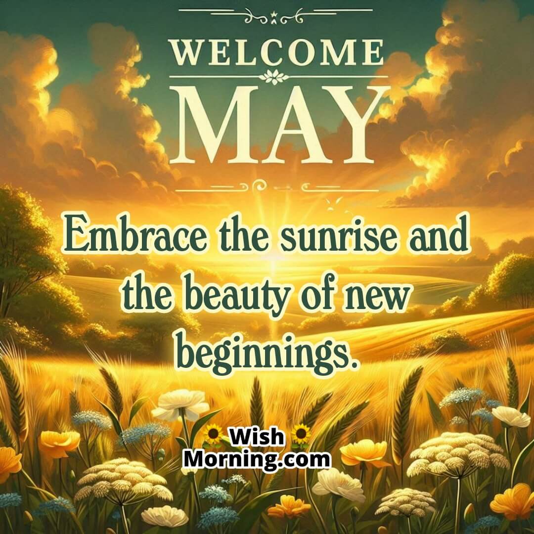 Welcome May featuring a golden sunrise over green fields, symbolizing warmth, hope, and the start of beautiful new beginnings.