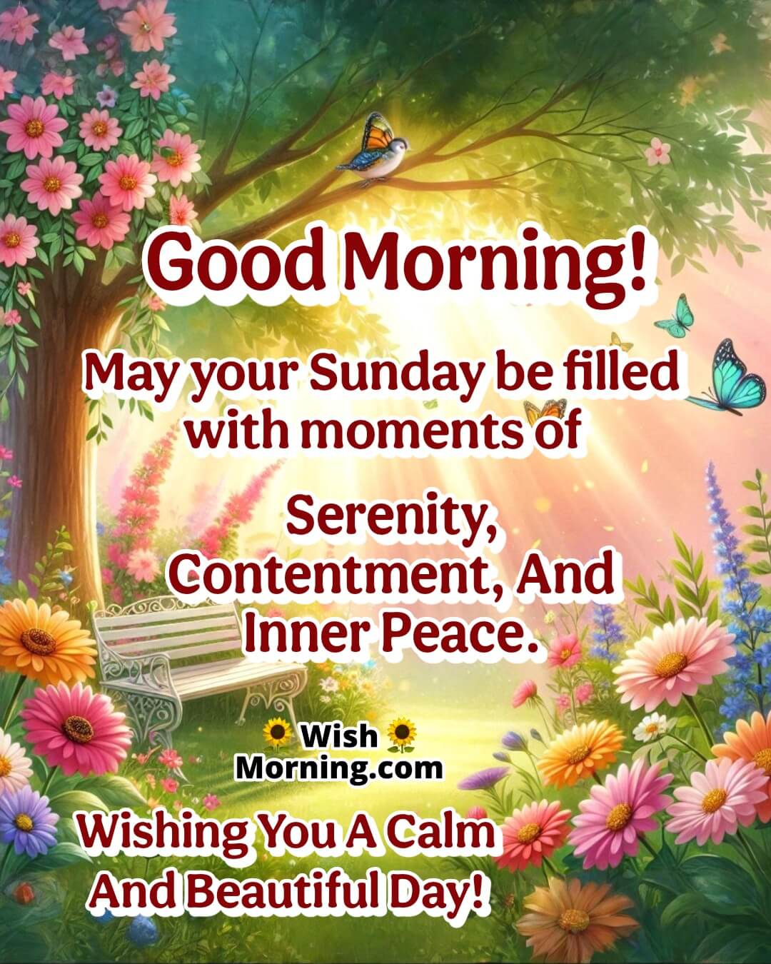 A peaceful garden bathed in soft sunlight symbolizing a calm, serene, and content Sunday morning.