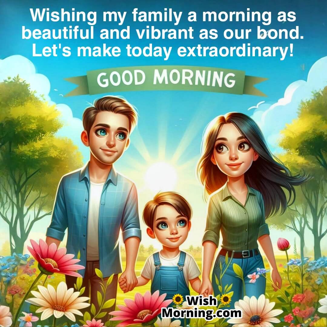 Good Morning image featuring a family walk in a blooming park, symbolizing colourful connection and joy.
