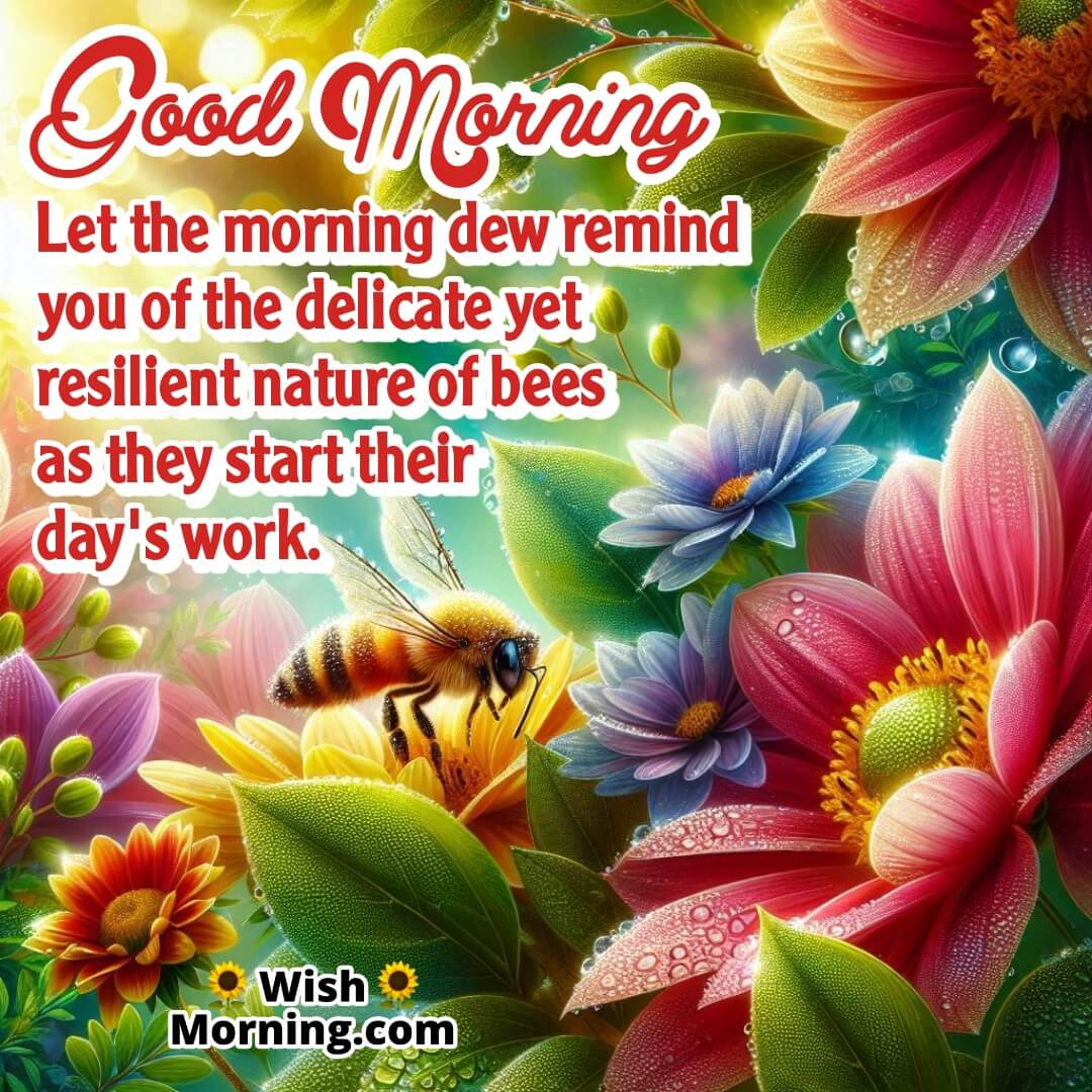 A fresh morning garden with dewdrops and a bee on a flower, symbolizing resilience and gentle strength.