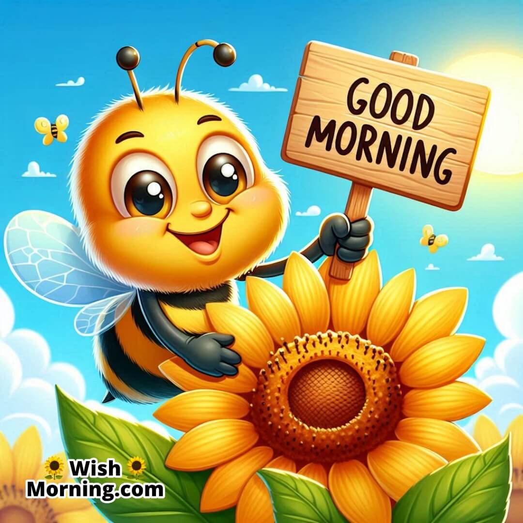 Good Morning Cartoon Bee With Sunflower Image