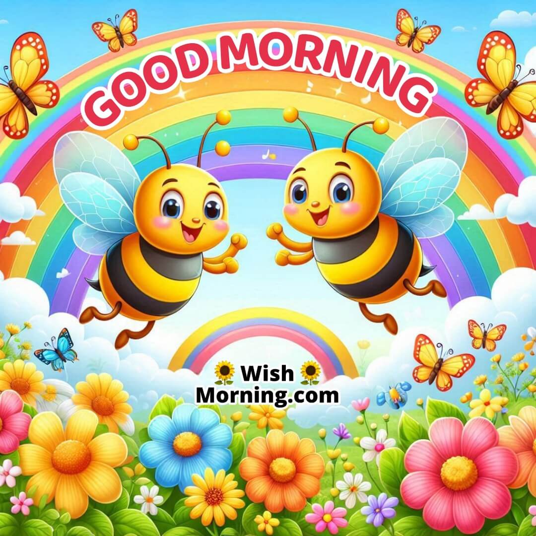 Good Morning Cartoon Bees In Garden Pic