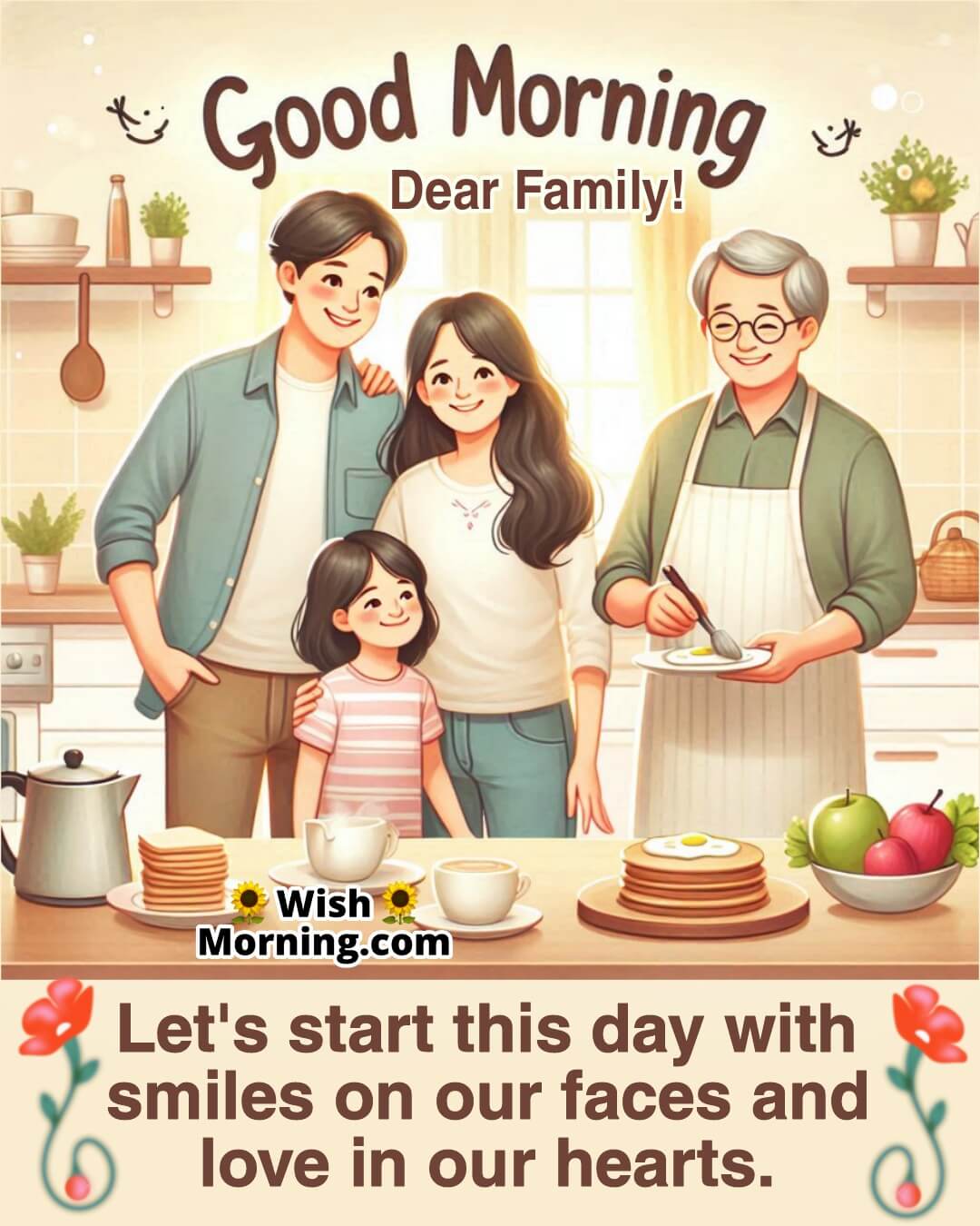 Good Morning image featuring a joyful family in a kitchen, symbolizing unity and the warmth of starting the day together.