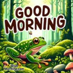 A frog walking through morning forest with a dreamy and hopeful vibe.