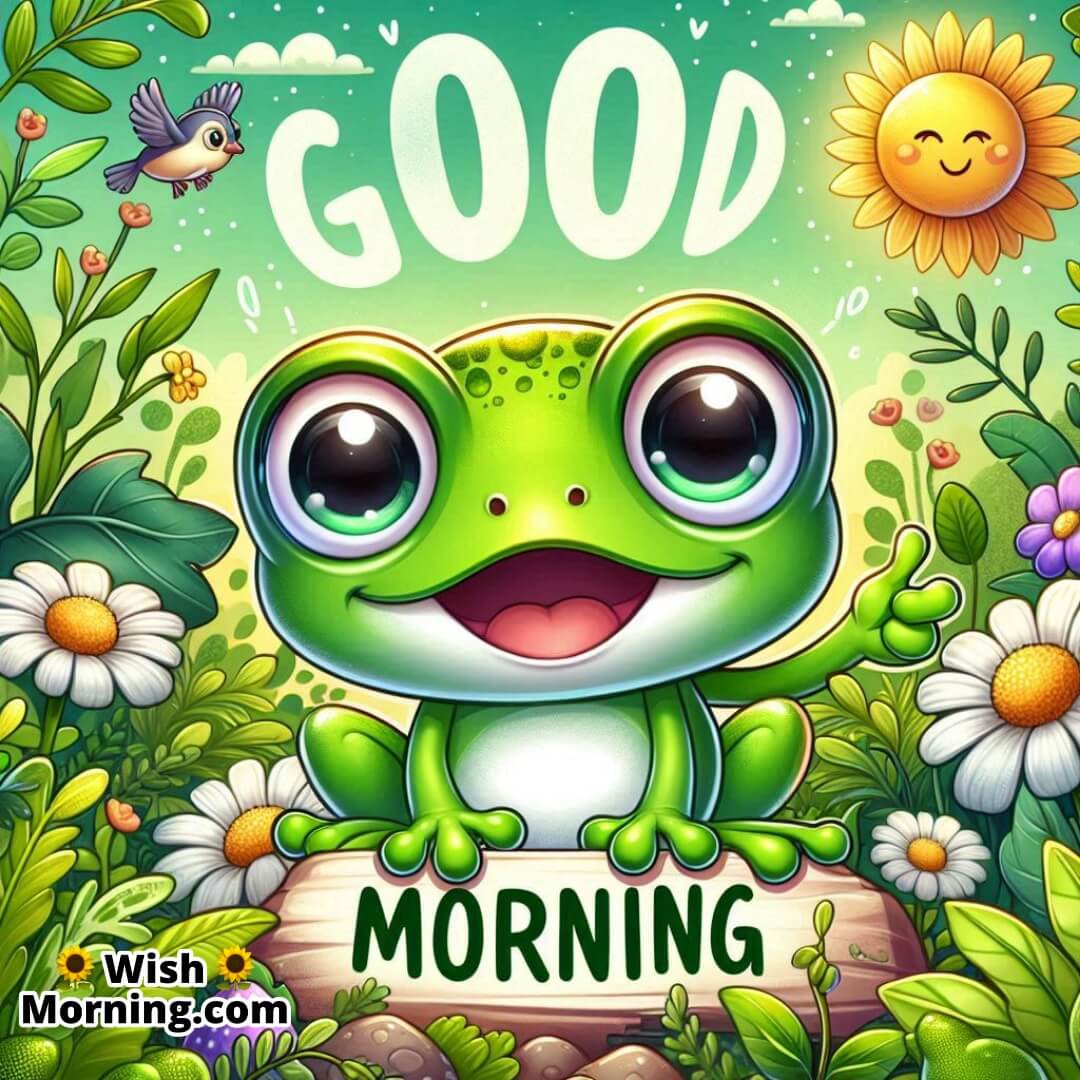 A cheerful frog showing pure morning joy with its wide smile.