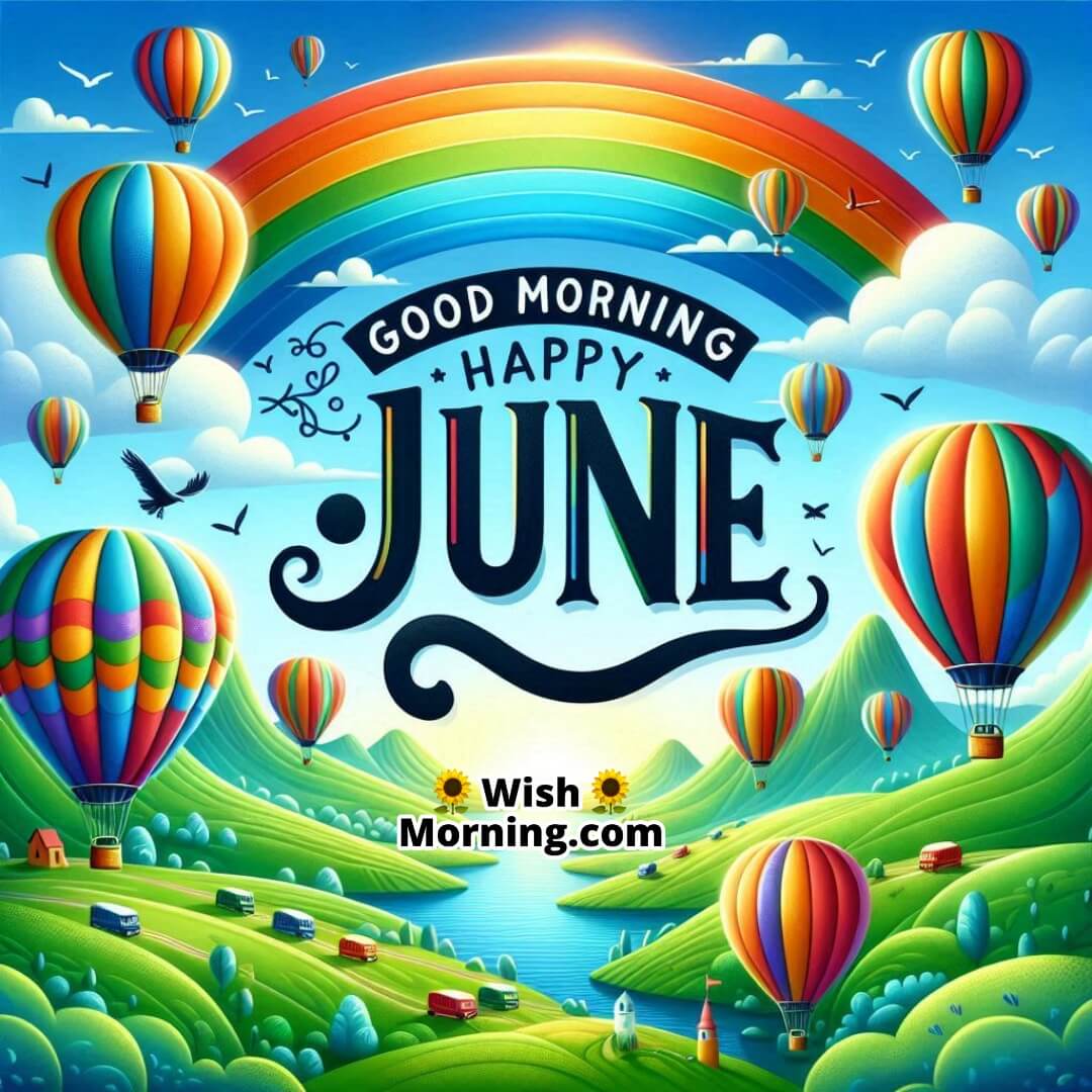 Good Morning Happy June soaring with vibrant balloons above peaceful hills.