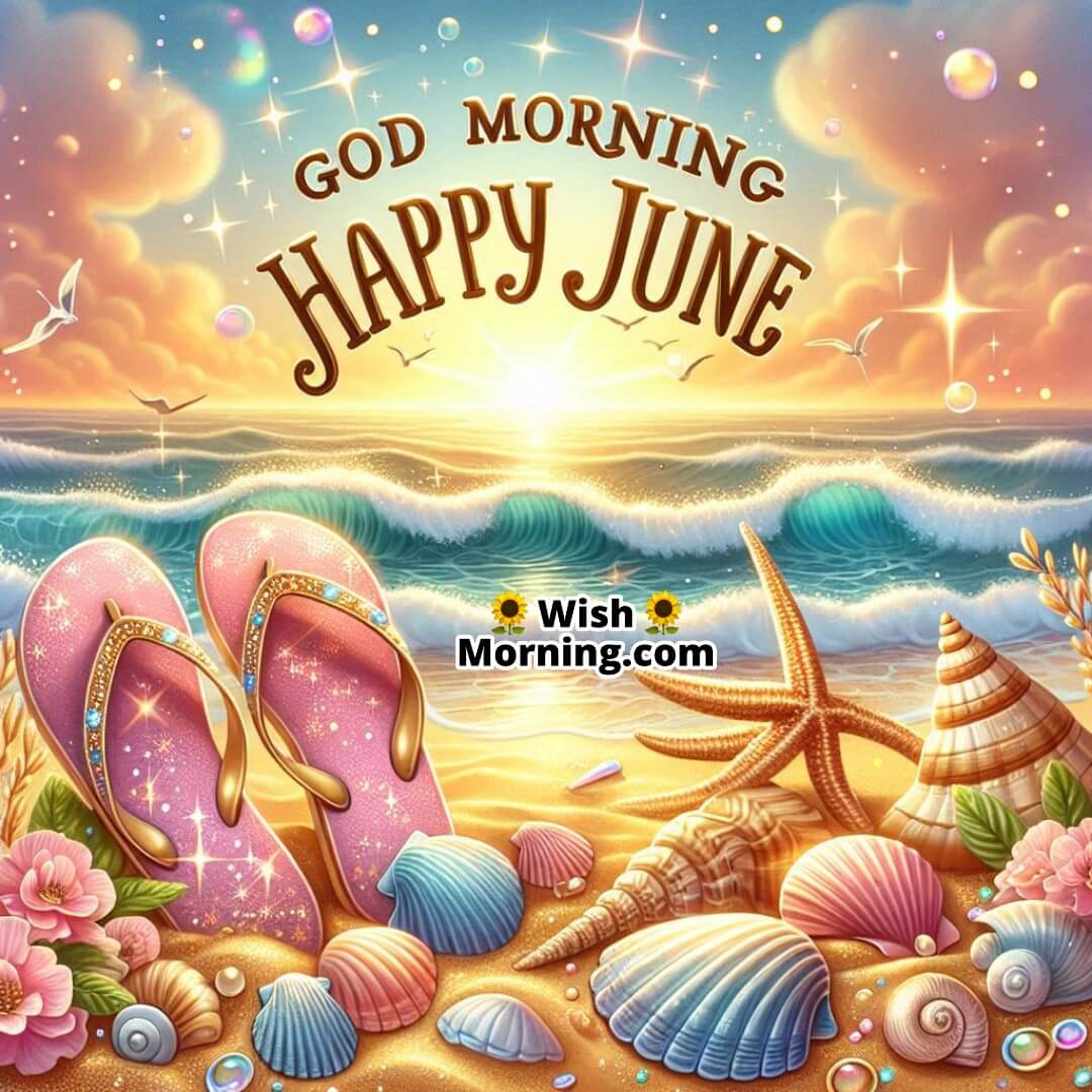 Good Morning Happy June waking up to a golden sunrise and sandy beach scene.