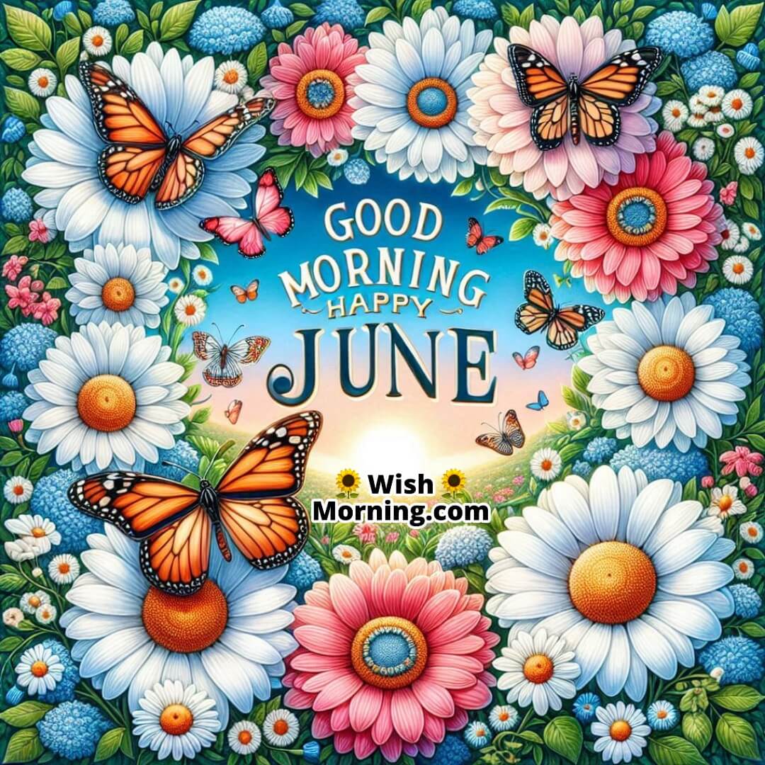 Good Morning Happy June blooming in a butterfly-filled summer garden.