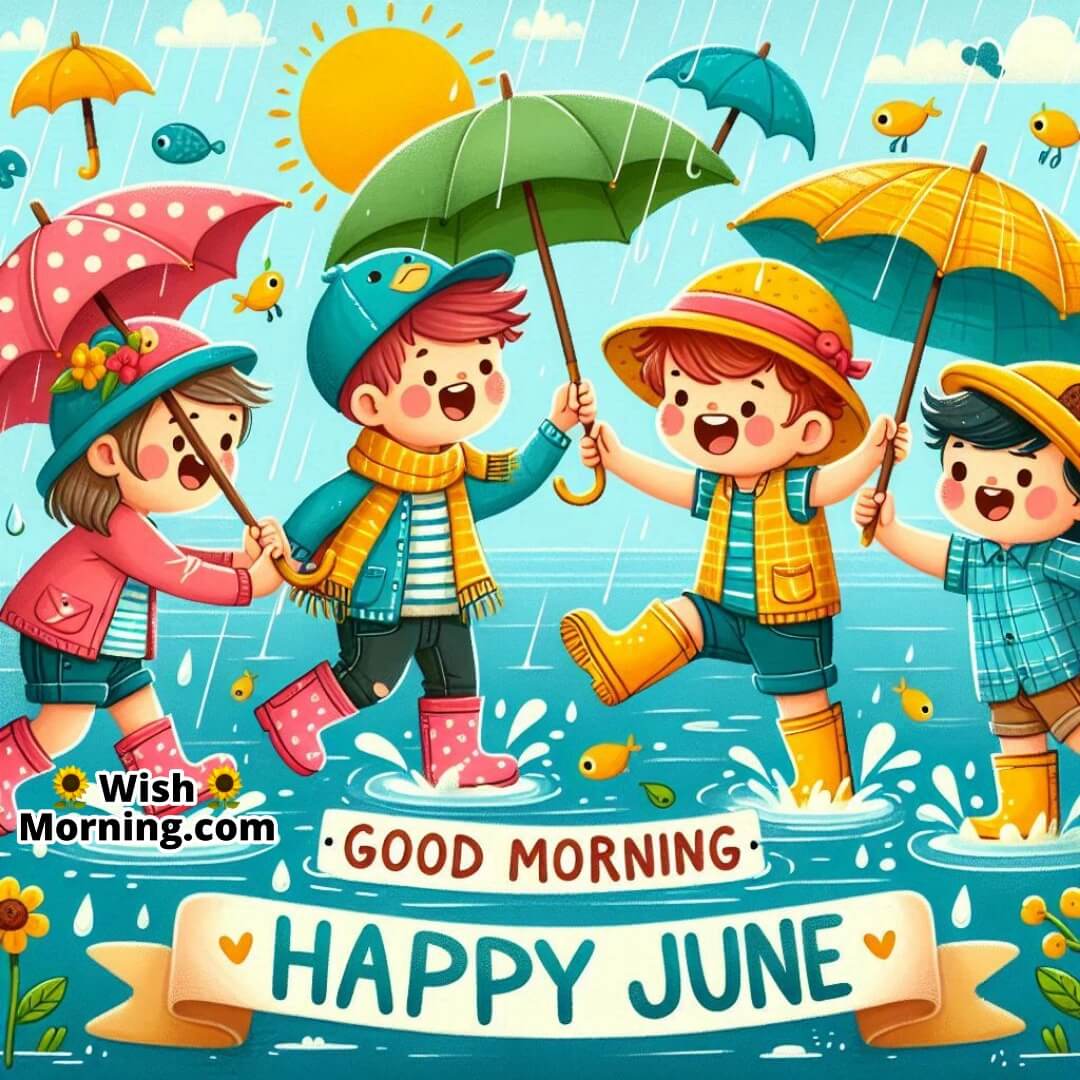 Good Morning Happy June joyfully shown with cartoon kids enjoying monsoon puddles.
