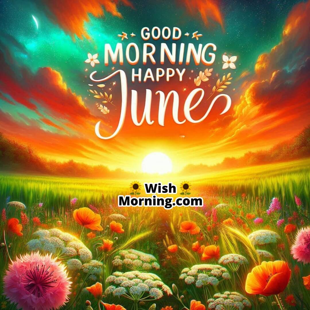 Good Morning Happy June beginning with blooming wildflowers and a golden sunrise.