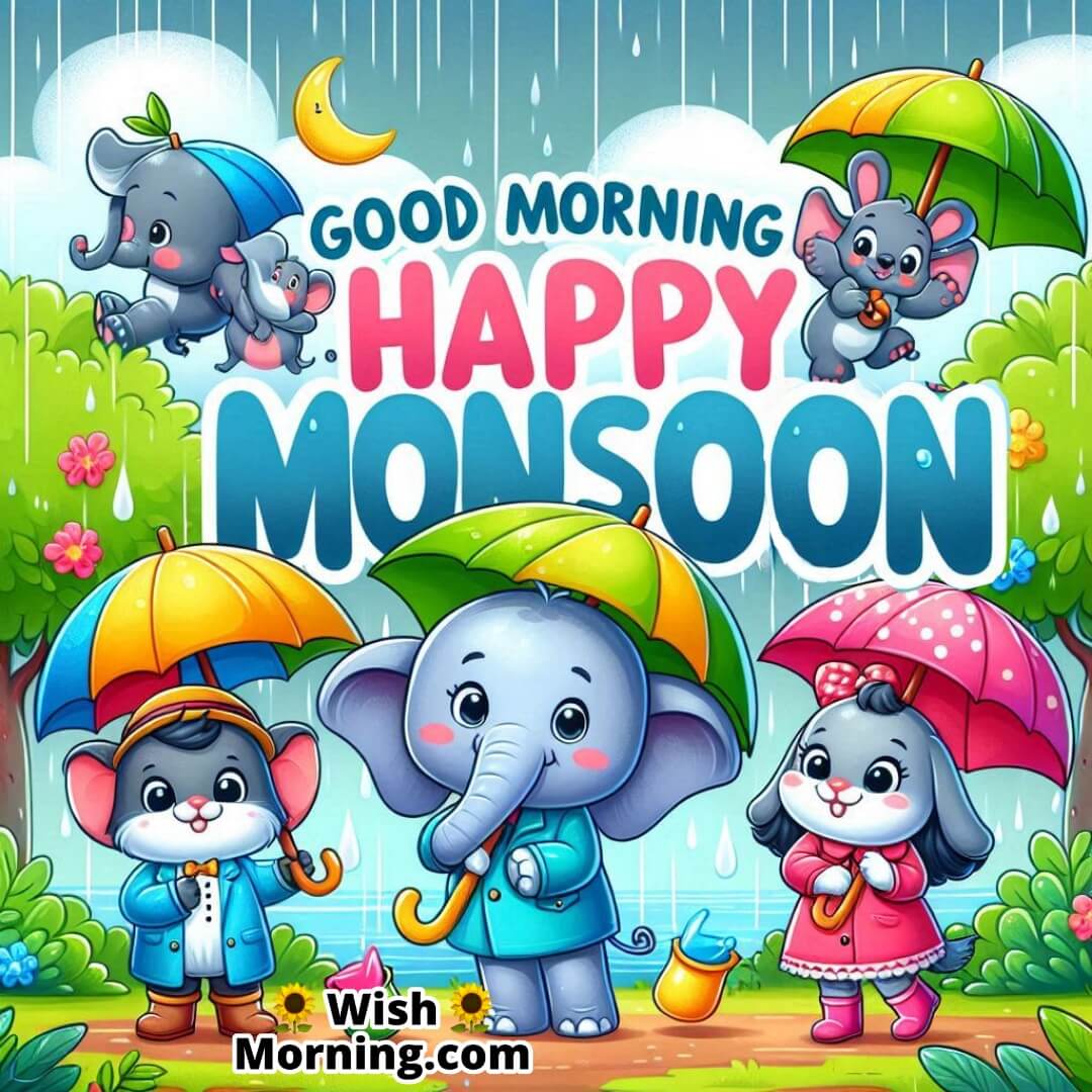 Good Morning Happy Monsoon cheerfully shown with cartoon animals holding umbrellas in rain.
