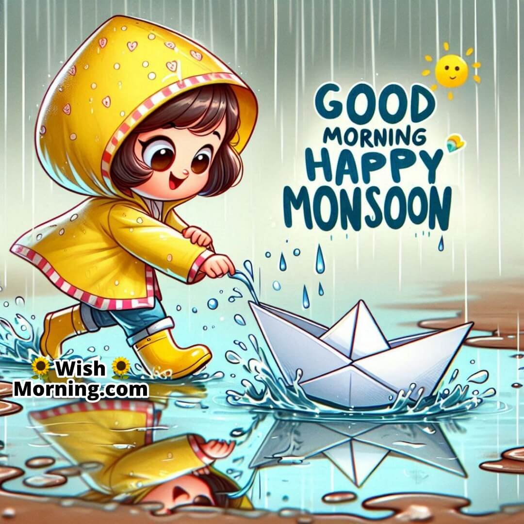 Good Morning Happy Monsoon seen in a fun cartoon scene with a girl launching a paper boat in rainwater.