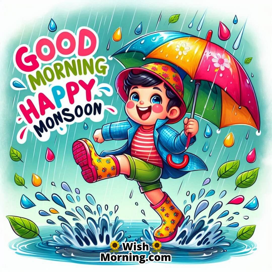 Good Morning Happy Monsoon joyfully shown with a cartoon child jumping in puddles wearing bright rain boots and umbrella.
