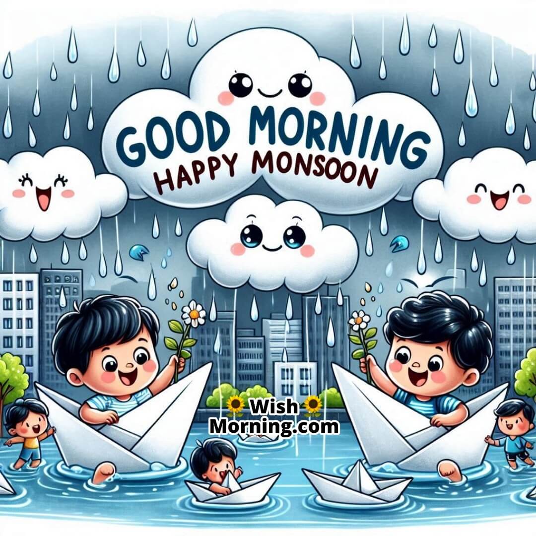 Good Morning Happy Monsoon captured with cartoon clouds and kids playing joyfully in the rain.