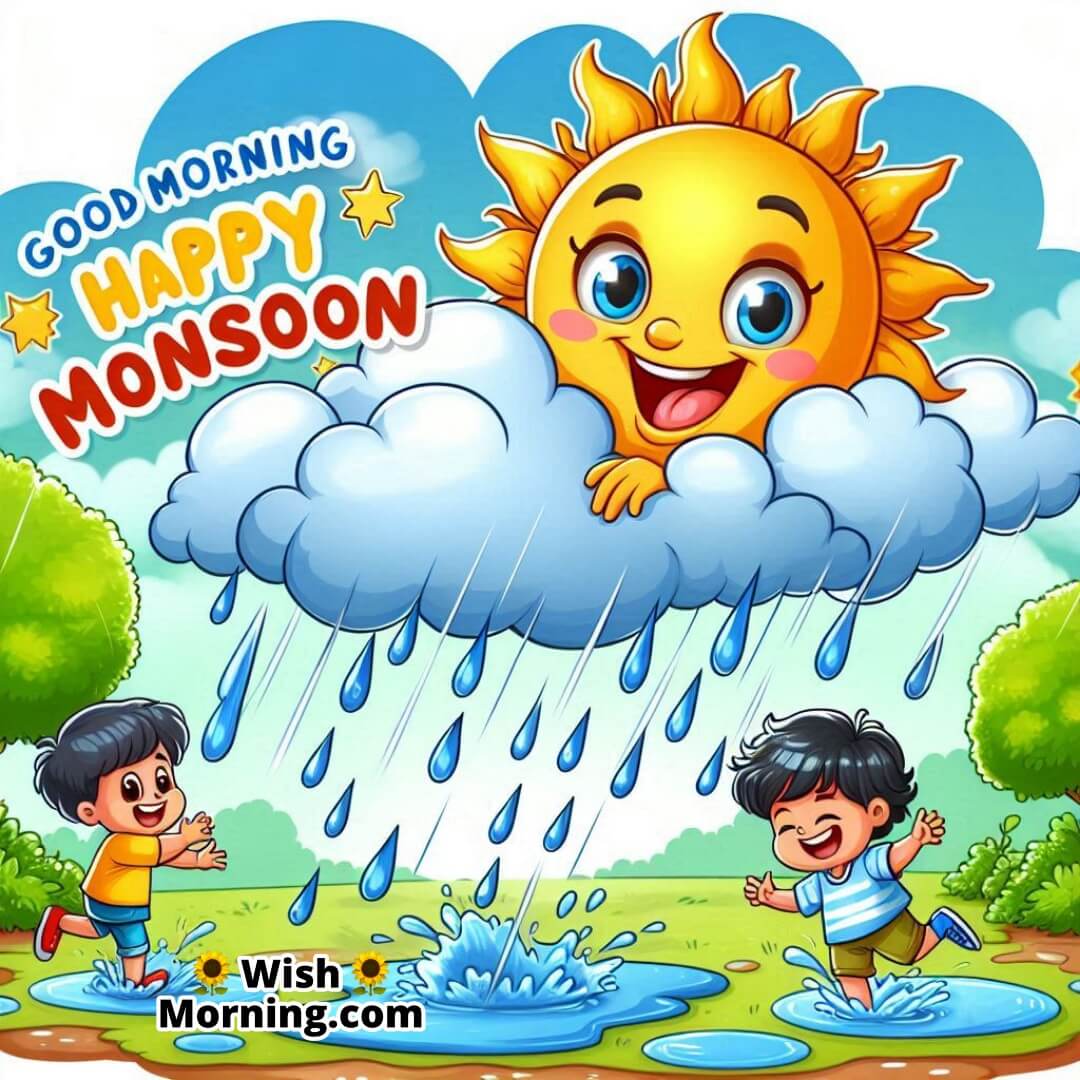 Good Morning Happy Monsoon Cartoon Sun And Rain