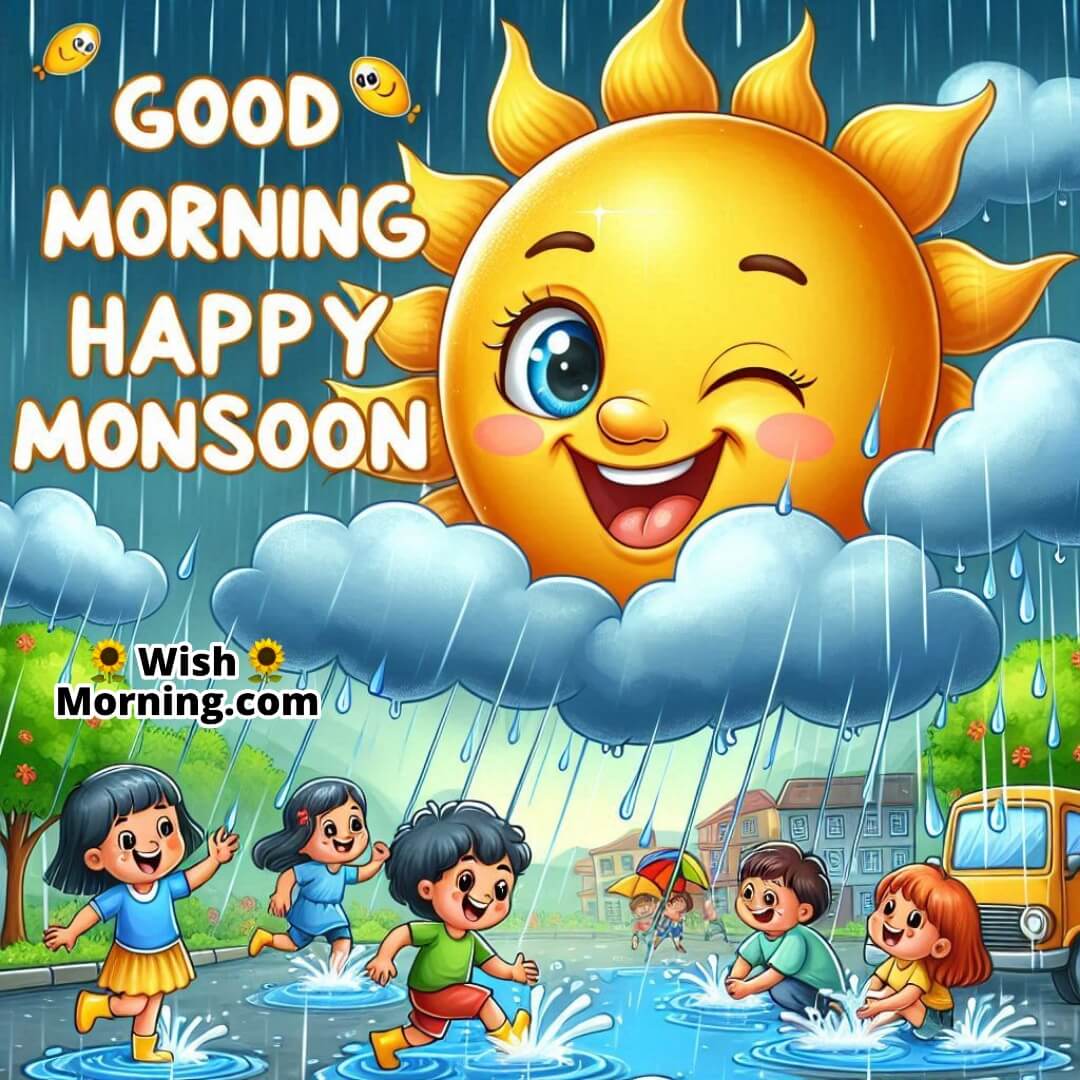 Good Morning Happy Monsoon brought to life with a smiling cartoon sun and kids playing in rain.