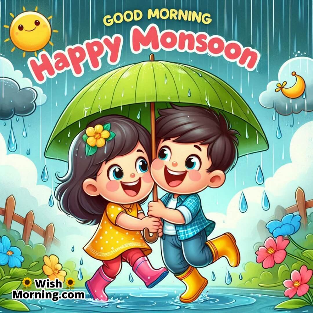 Good Morning Happy Monsoon joy captured in cartoon kids sharing an umbrella and enjoying the rain.