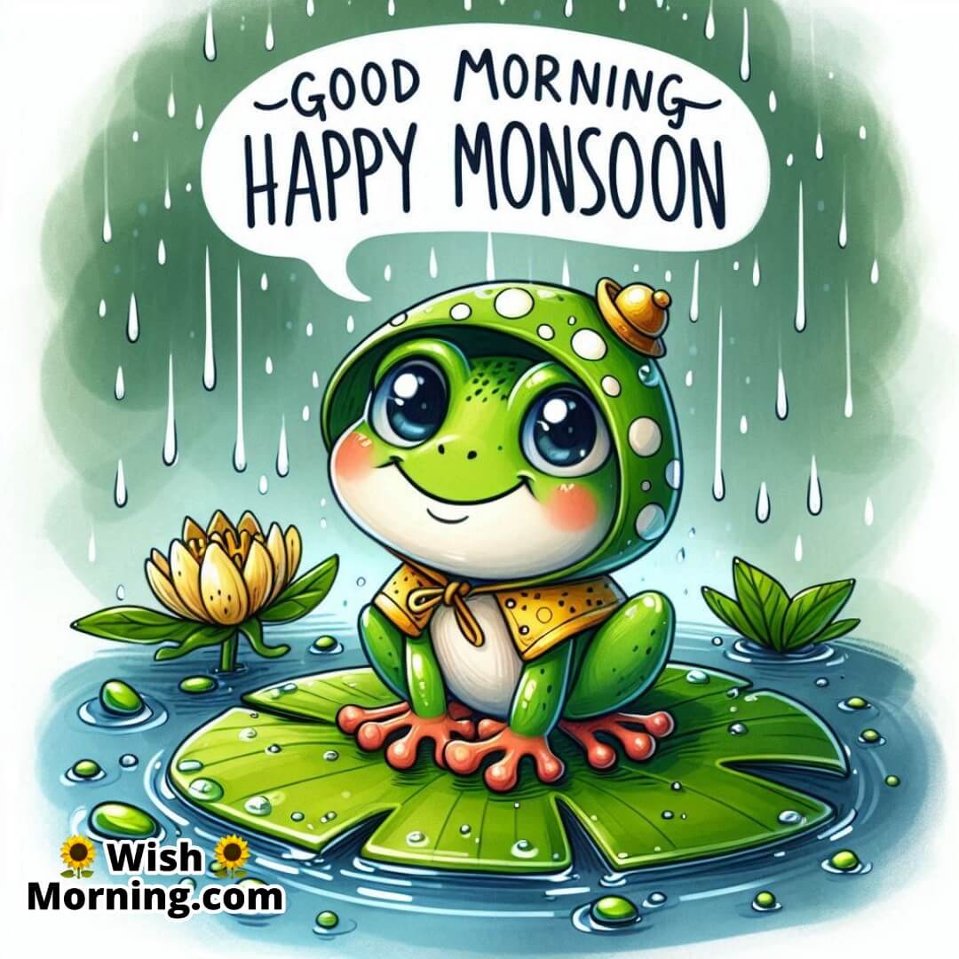 Good Morning Happy Monsoon represented by a cute cartoon frog relaxing on a lily pad during gentle rain.