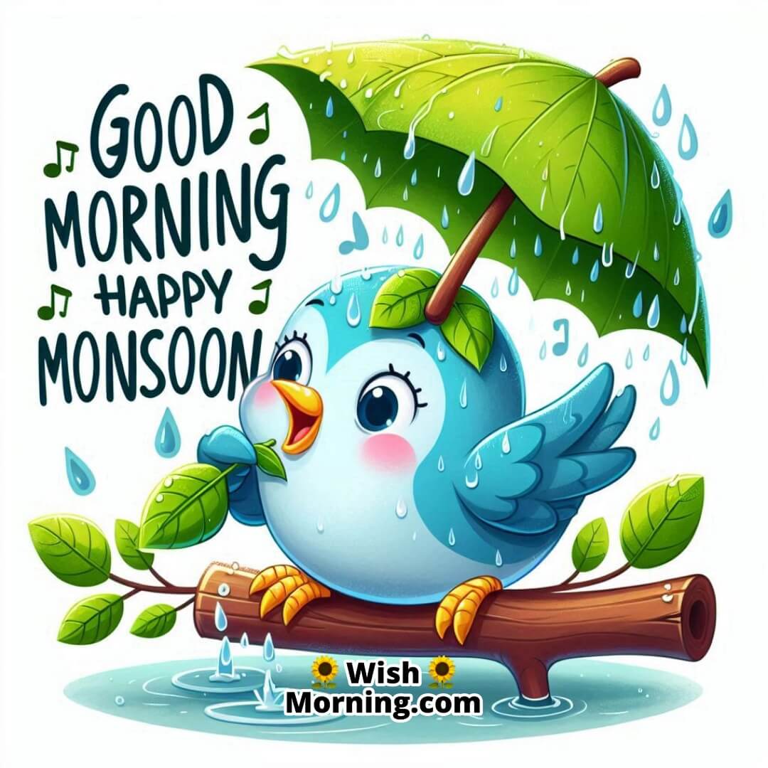 Good Morning Happy Monsoon portrayed with a chirping cartoon bird holding a leaf during rainfall.