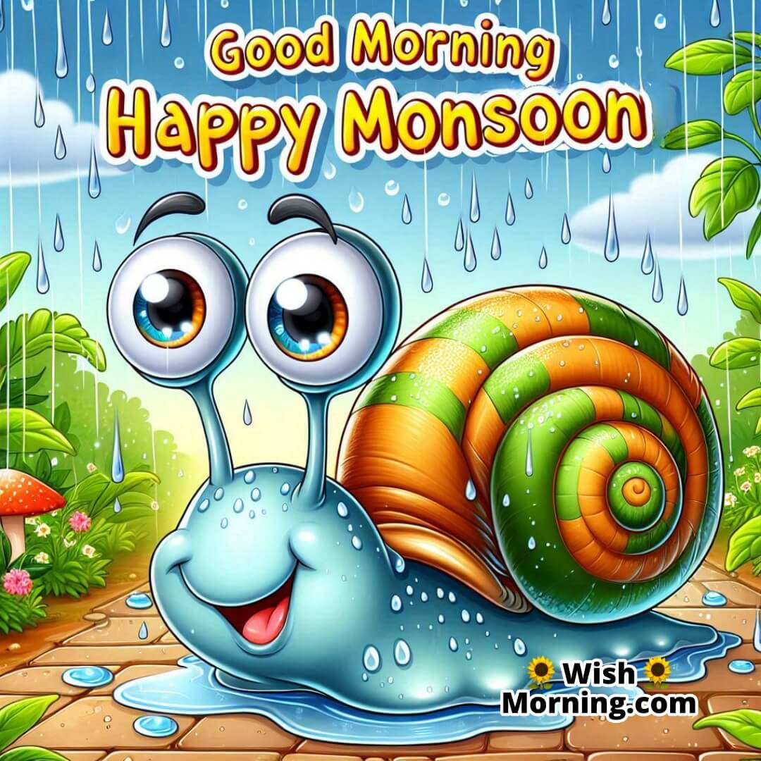 Good Morning Happy Monsoon illustrated with a cheerful cartoon snail on a rainy garden trail.