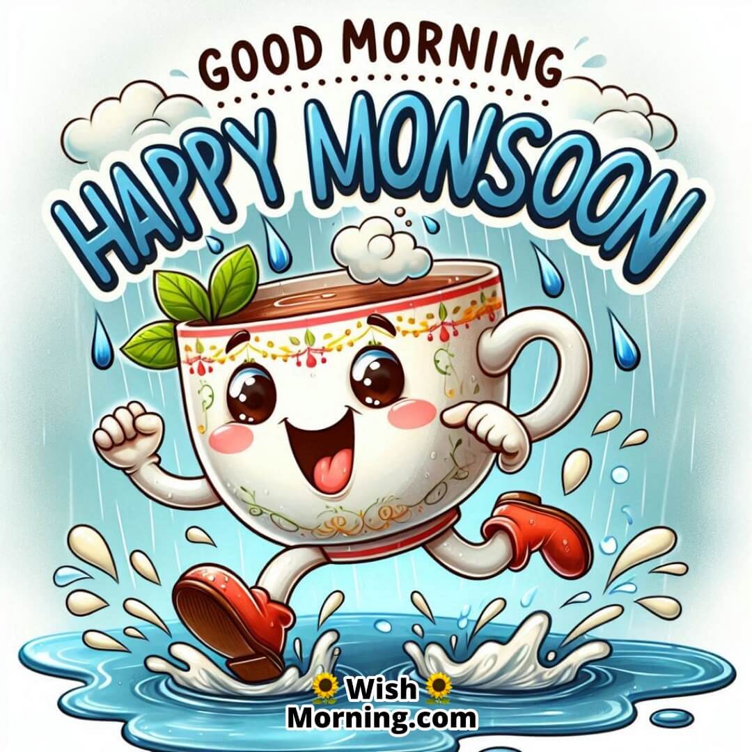 Good Morning Happy Monsoon reflected with a cartoon tea cup dancing in puddles with steam clouds.