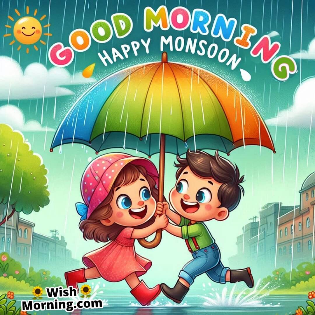 Good Morning Happy Monsoon Umbrella Sharing Image