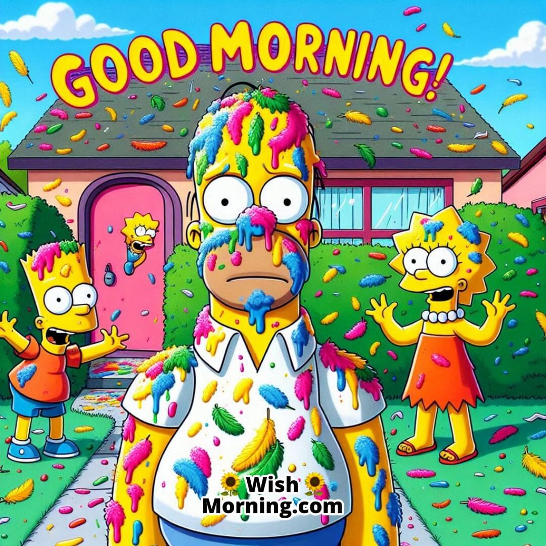 Homer tangled in Bart and Lisa’s prank under a bright cartoon morning sky.