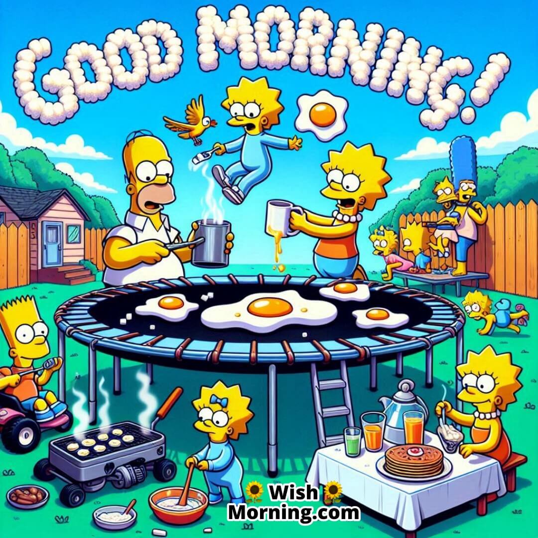 Homer and the kids having a wild and funny breakfast outdoors on a sunny morning.