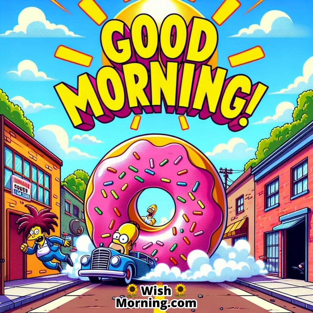 Homer Simpson chasing a giant donut as Sideshow Bob schemes, all in a cheerful morning Springfield scene.