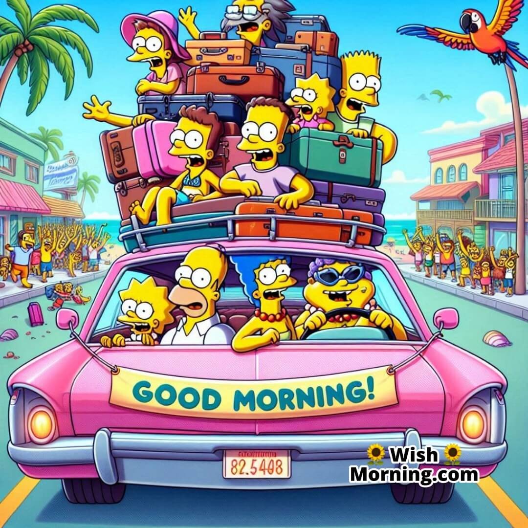 The Simpsons heading out for a chaotic and fun-filled family vacation morning.