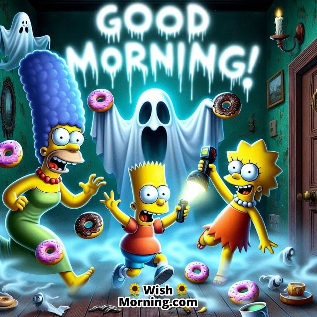 Homer leading a funny haunted house adventure with his family on a spooky morning.