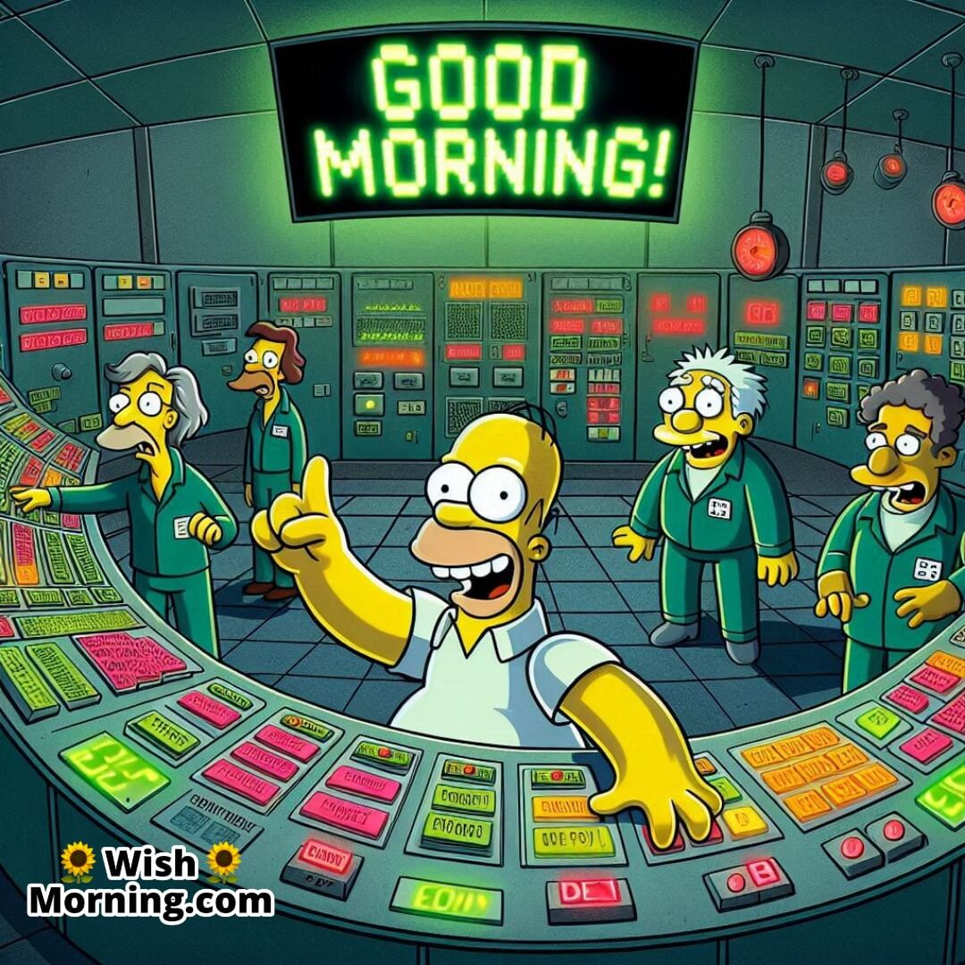 Homer causing mayhem at the nuclear plant in a humorous morning work scene.