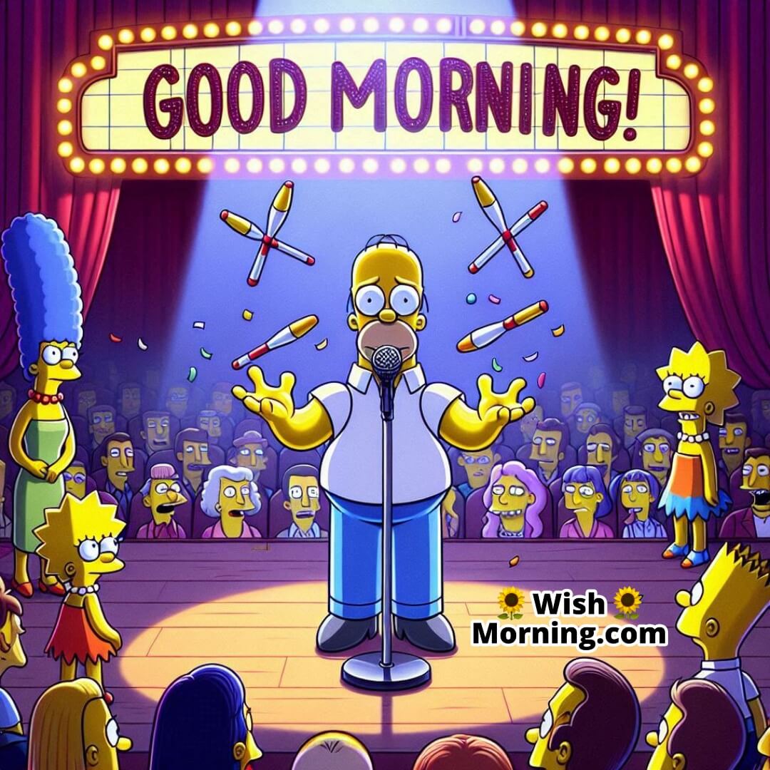 Homer attempting a talent act on stage in front of the family on a cheerful Springfield morning.