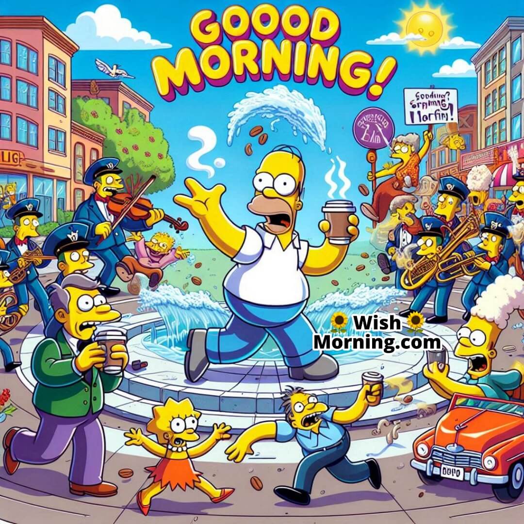 Homer Simpson caught in comical mishaps around Springfield during a lively morning outing.