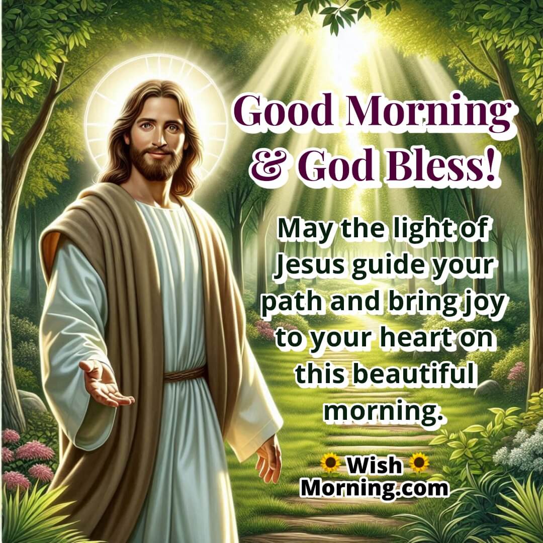Jesus Path Guidance Morning Message featuring a lifelike walking Jesus figure in a forest path, symbolizing joy, direction, and divine presence.