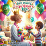 Good Morning Mother’s Day Queen Moment featuring a smiling mother wearing a crown while receiving flowers from her son in a balloon decorated room symbolizing respect, love, and making mothers feel special.