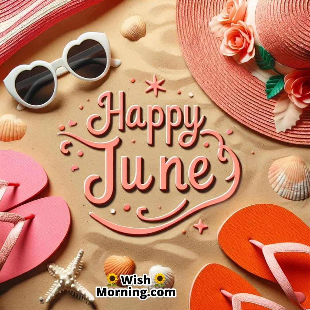 Happy June shown through a beach-ready flat-lay of sunny summer accessories.