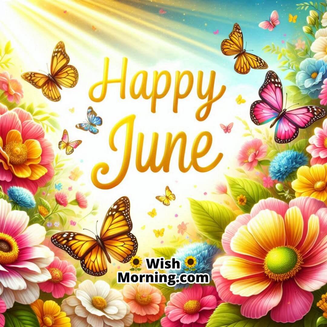 Happy June shining through a colorful flower garden with fluttering butterflies.