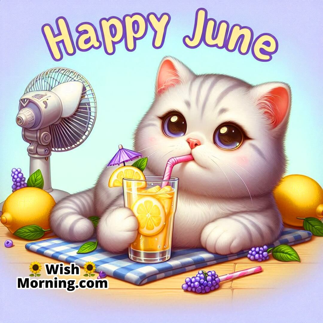 Happy June depicted with a relaxed cartoon cat enjoying the summer indoors.