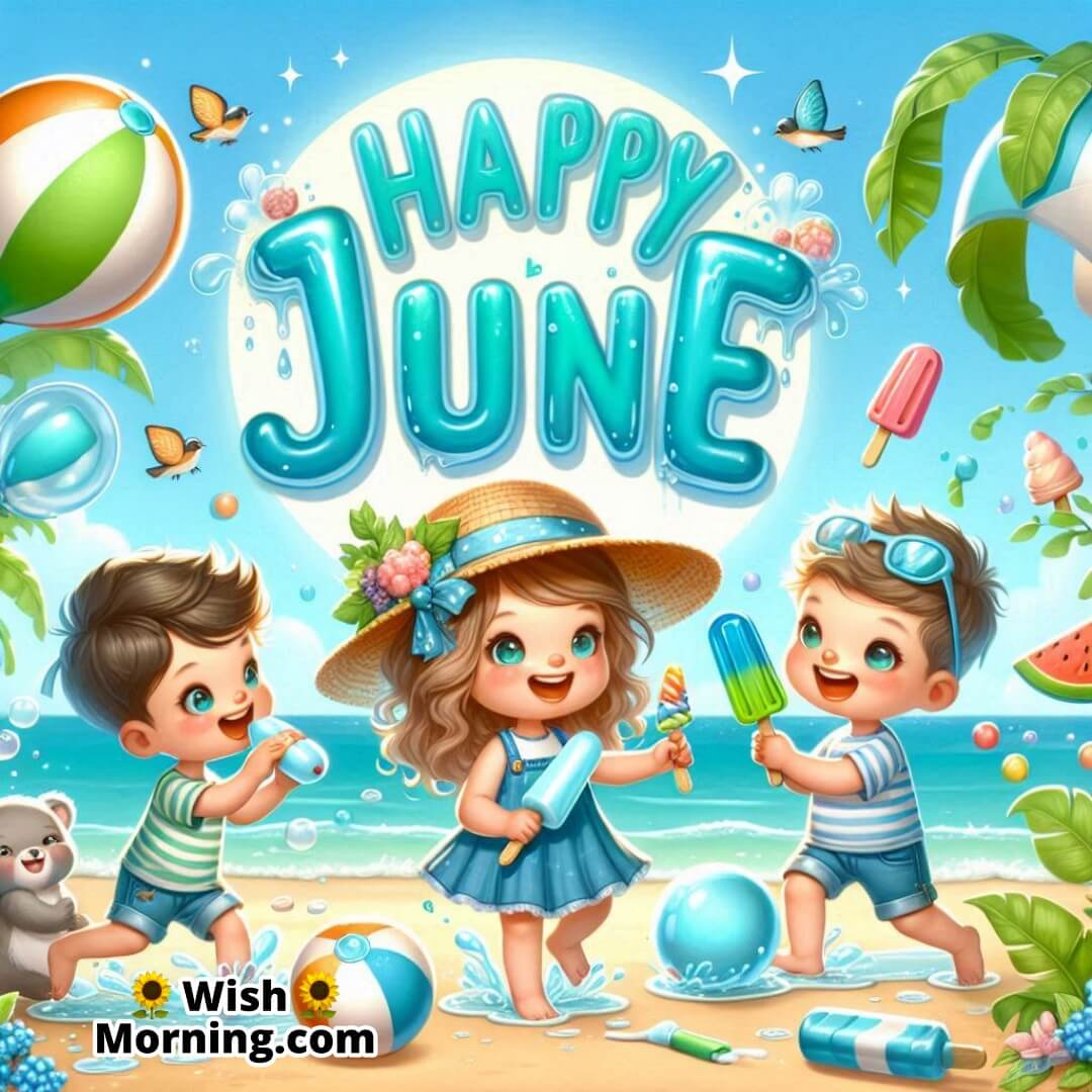 Happy June filled with playful cartoon kids enjoying water balloons and summer treats.